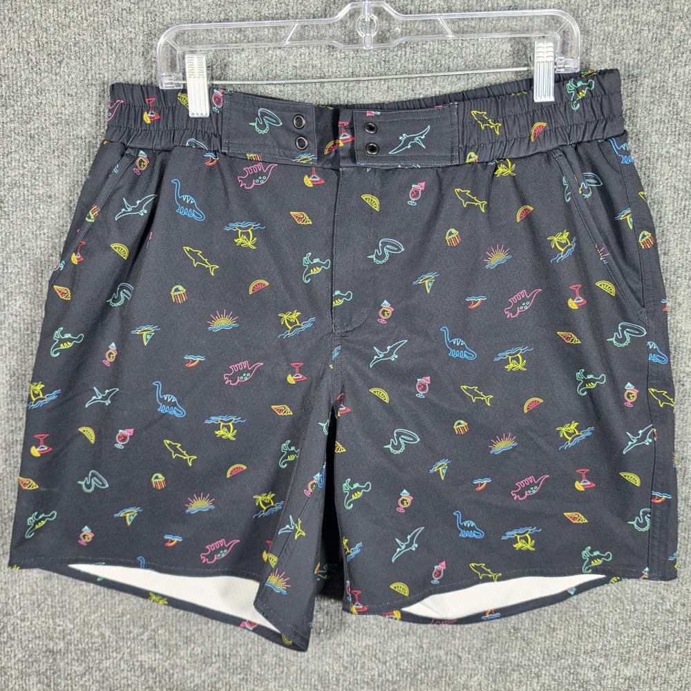 TomboyX Board Shorts Unisex XL Black Neon Dinosaur Cocktail Swim Trunks